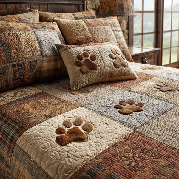 Autumn Paws quilted 3-piece bedding set on a made bed with two matching pillow shams