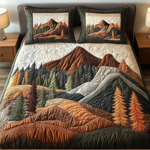 Autumn Peaks quilted 3-piece bedding set on a made bed with two matching pillow shams