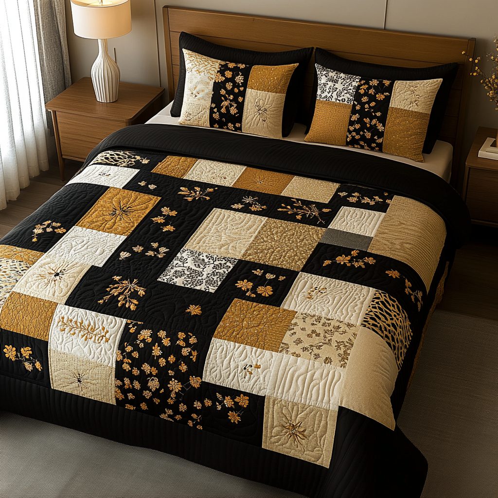 Autumn Petals quilted 3-piece bedding set on a made bed with two matching pillow shams