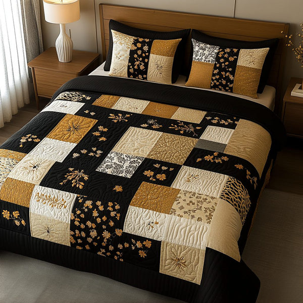 Autumn Petals quilted 3-piece bedding set on a made bed with two matching pillow shams