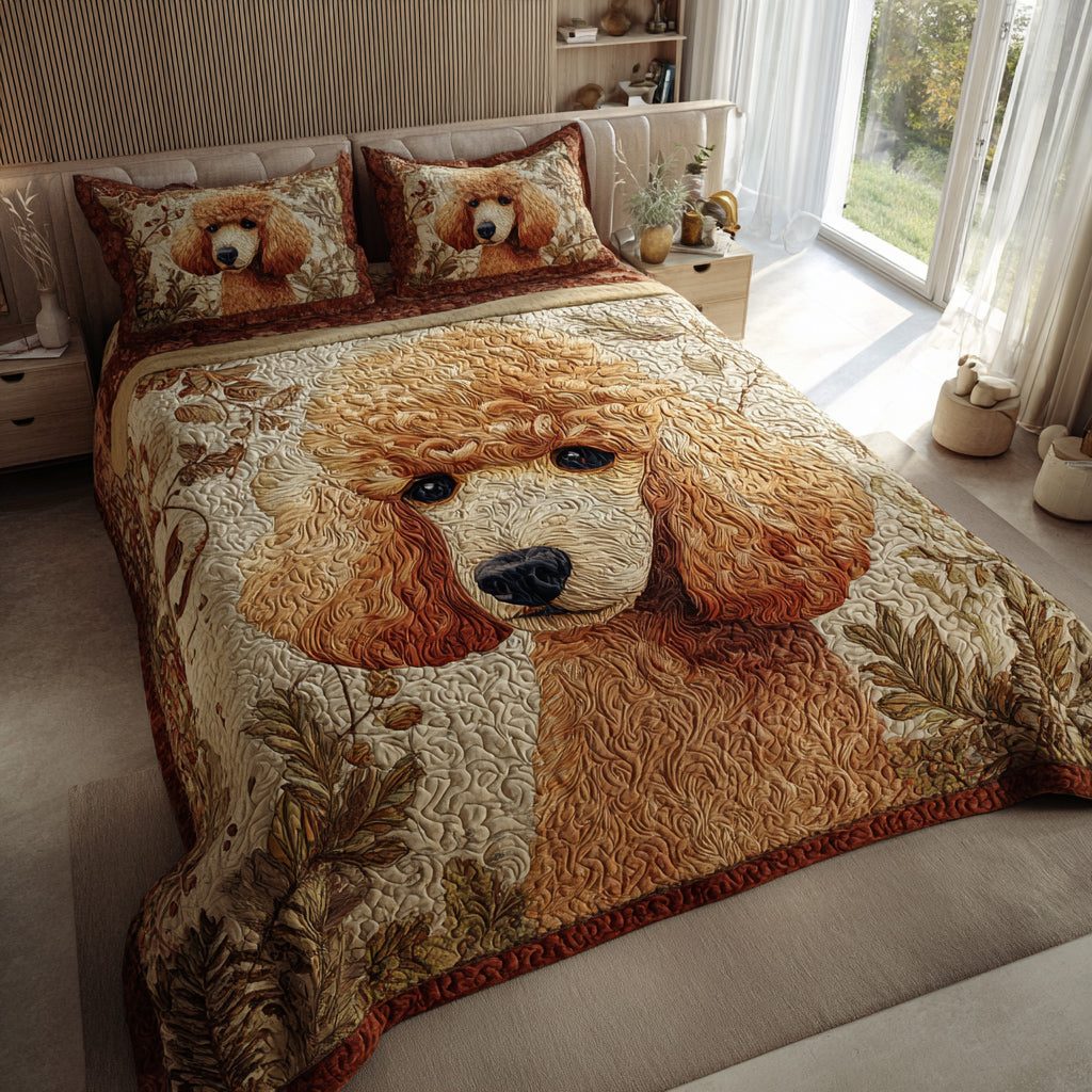 Autumn Poodle quilted 3-piece bedding set on a made bed with two matching pillow shams