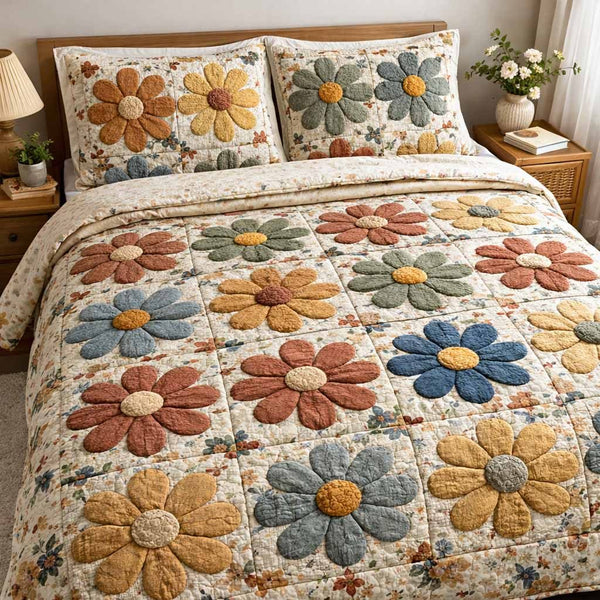 Autumn Posy quilted 3-piece bedding set on a made bed with two matching pillow shams