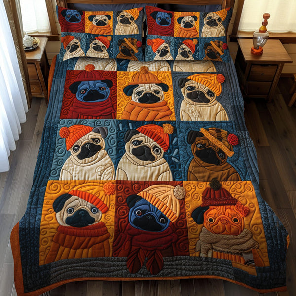 Autumn Pugs quilted 3-piece bedding set on a made bed with two matching pillow shams