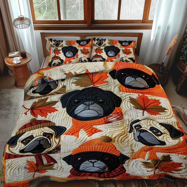 Autumn Pugs quilted 3-piece bedding set on a made bed with two matching pillow shams