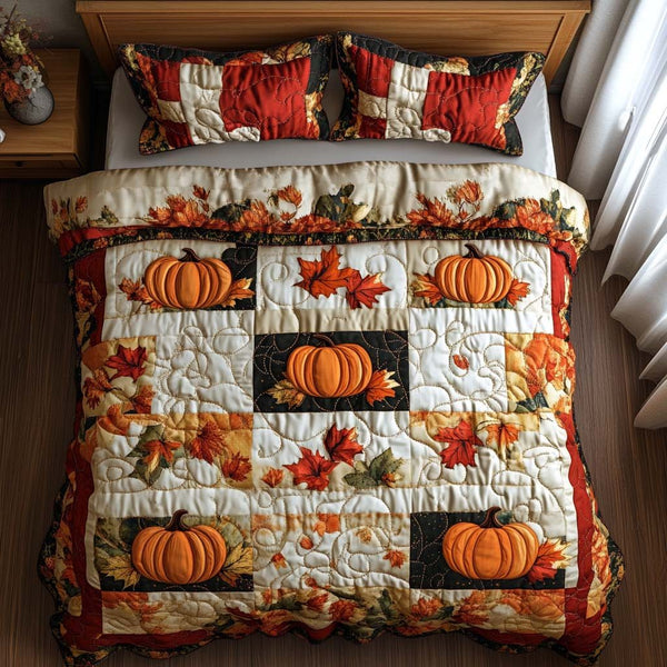 Autumn Pumpkin Lane quilted 3-piece bedding set on a made bed against a dark styled interior