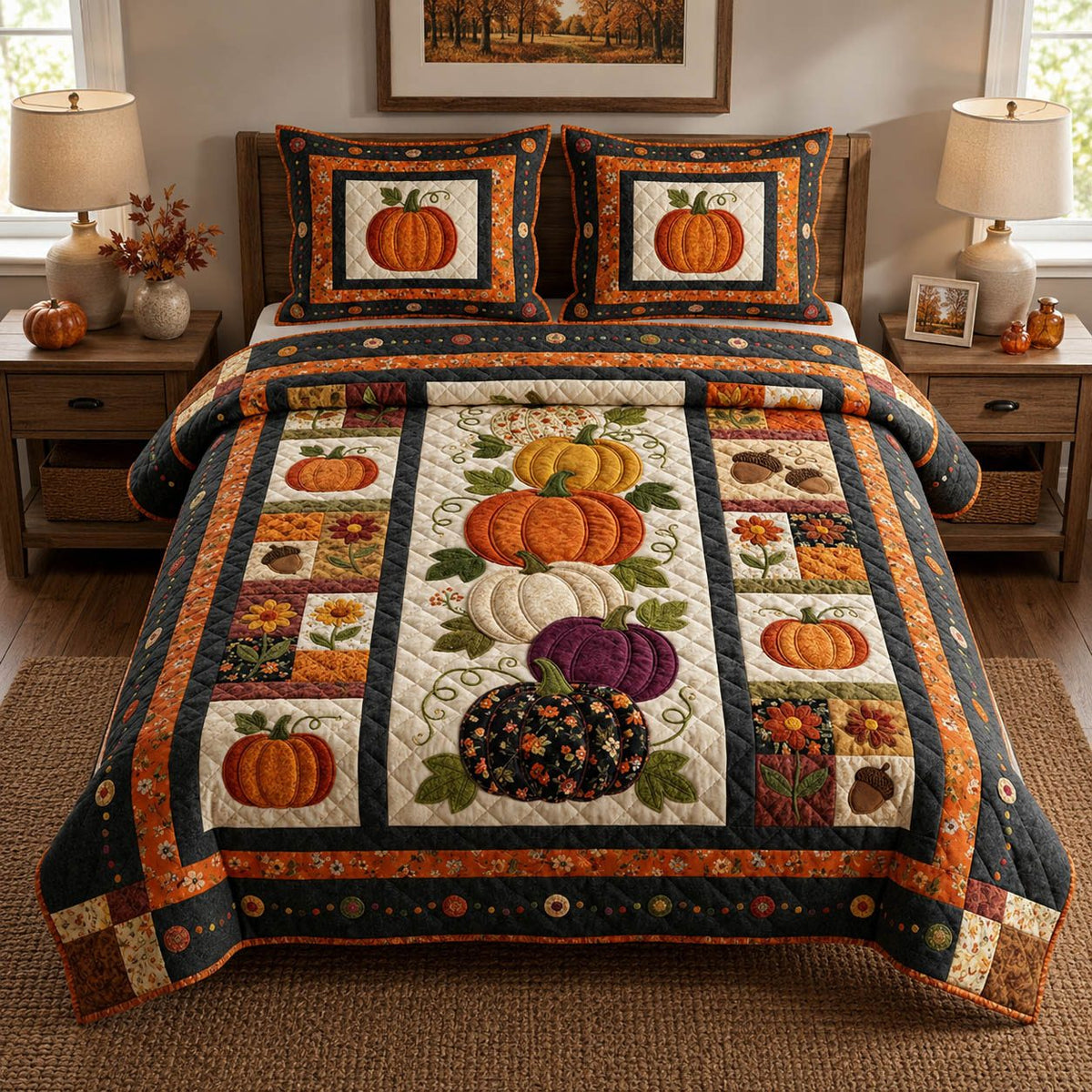 Autumn Pumpkin Patchwork quilted 3-piece bedding set on a made bed against a dark styled interior