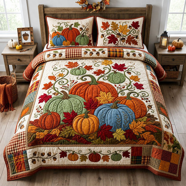 Autumn Pumpkin quilted 3-piece bedding set on a made bed against a dark styled interior