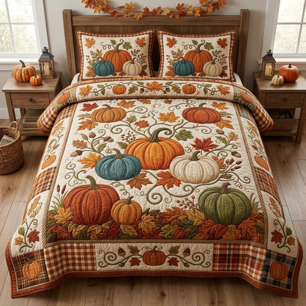 Autumn Pumpkin quilted 3-piece bedding set on a made bed against a dark styled interior
