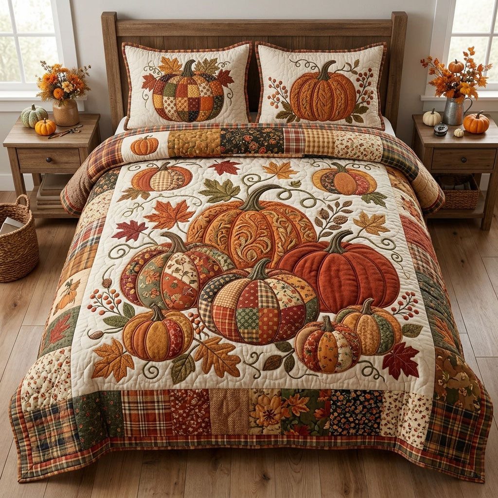 Autumn Pumpkin quilted 3-piece bedding set on a made bed against a dark styled interior