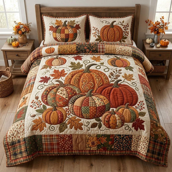 Autumn Pumpkin quilted 3-piece bedding set on a made bed against a dark styled interior