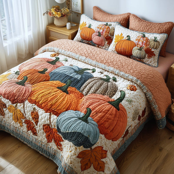 Autumn Pumpkin quilted 3-piece bedding set on a made bed against a dark styled interior
