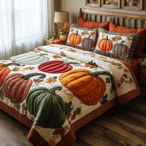 Autumn Pumpkin quilted 3-piece bedding set on a made bed against a dark styled interior