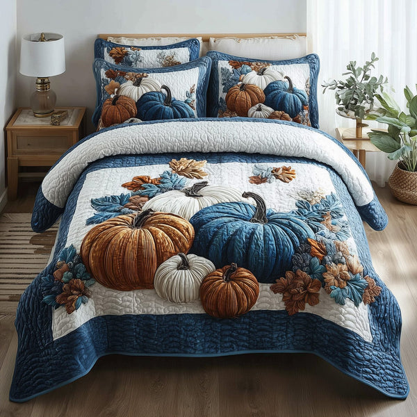 Autumn Pumpkin quilted 3-piece bedding set on a made bed against a dark styled interior