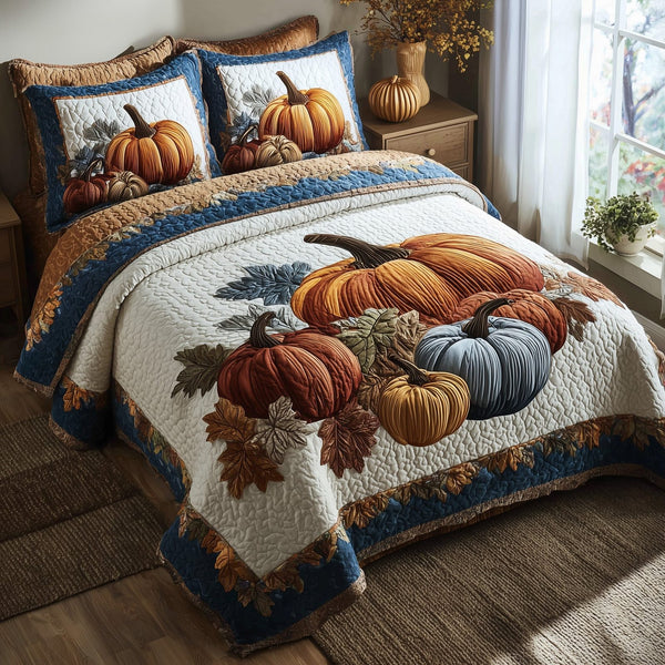 Autumn Pumpkin quilted 3-piece bedding set on a made bed against a dark styled interior