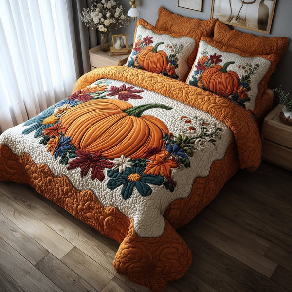 Autumn Pumpkin quilted 3-piece bedding set on a made bed against a dark styled interior