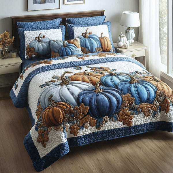 Autumn Pumpkin quilted 3-piece bedding set on a made bed against a dark styled interior