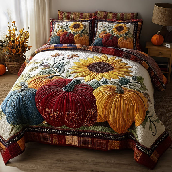Autumn Pumpkin quilted 3-piece bedding set on a made bed against a dark styled interior