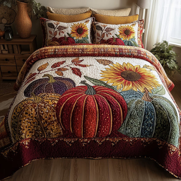 Autumn Pumpkin quilted 3-piece bedding set on a made bed against a dark styled interior