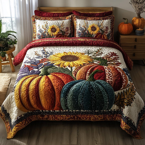 Autumn Pumpkin quilted 3-piece bedding set on a made bed against a dark styled interior