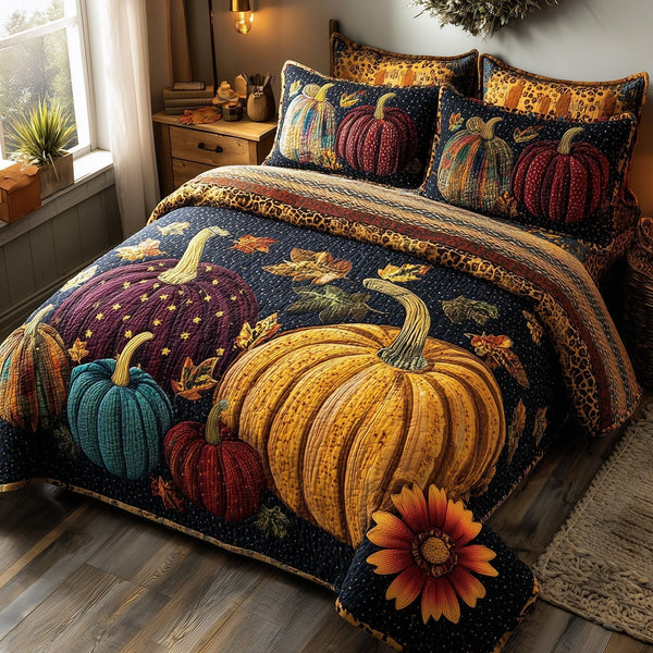 Autumn Pumpkin quilted 3-piece bedding set on a made bed against a dark styled interior