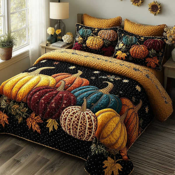 Autumn Pumpkin quilted 3-piece bedding set on a made bed against a dark styled interior