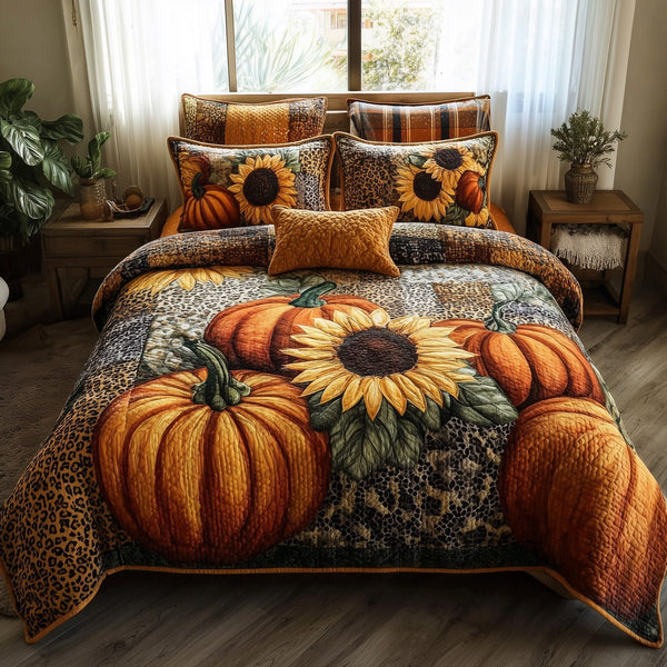 Autumn Pumpkin quilted 3-piece bedding set on a made bed against a dark styled interior