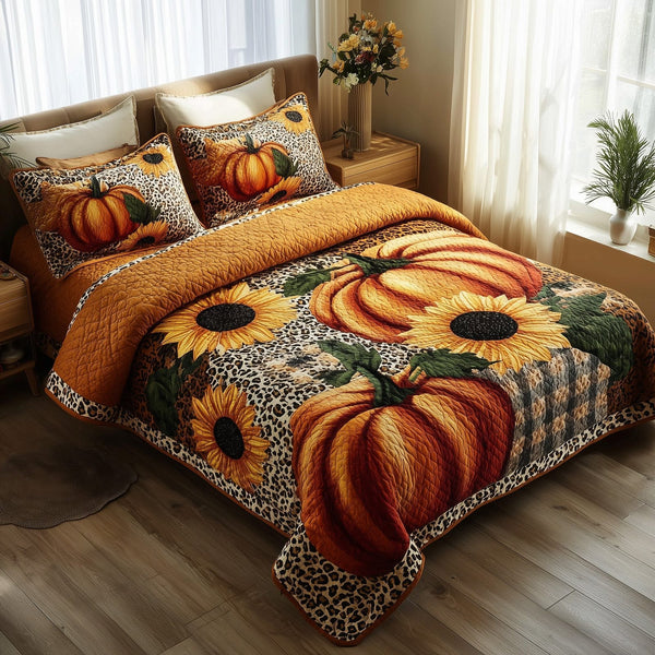 Autumn Pumpkin quilted 3-piece bedding set on a made bed against a dark styled interior