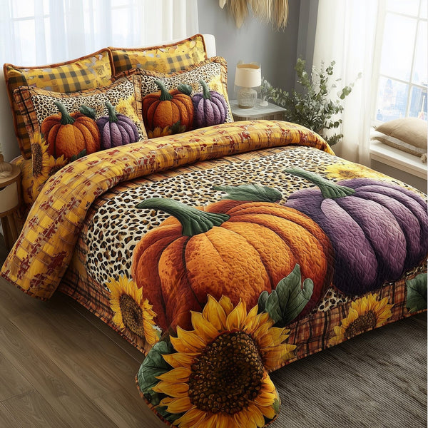 Autumn Pumpkin quilted 3-piece bedding set on a made bed against a dark styled interior