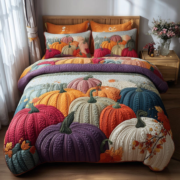 Autumn Pumpkin quilted 3-piece bedding set on a made bed against a dark styled interior