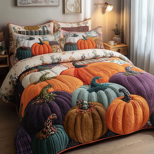 Autumn Pumpkin quilted 3-piece bedding set on a made bed against a dark styled interior