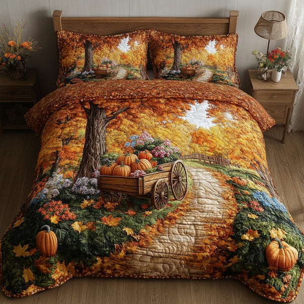 Autumn Pumpkin quilted 3-piece bedding set on a made bed against a dark styled interior