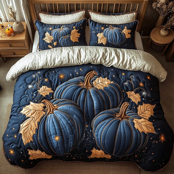 Autumn Pumpkin quilted 3-piece bedding set on a made bed against a dark styled interior