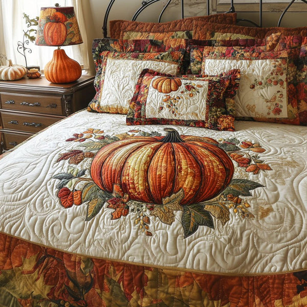Autumn Pumpkin Spice quilted 3-piece bedding set on a made bed against a dark styled interior