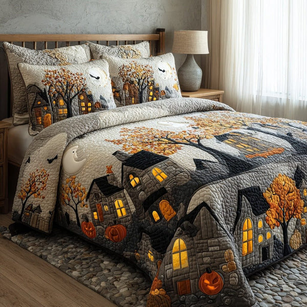 Autumn Pumpkin Village quilted 3-piece bedding set on a made bed against a dark styled interior