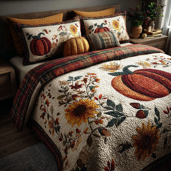 Autumn Pumpkin Whispers quilted 3-piece bedding set on a made bed against a dark styled interior