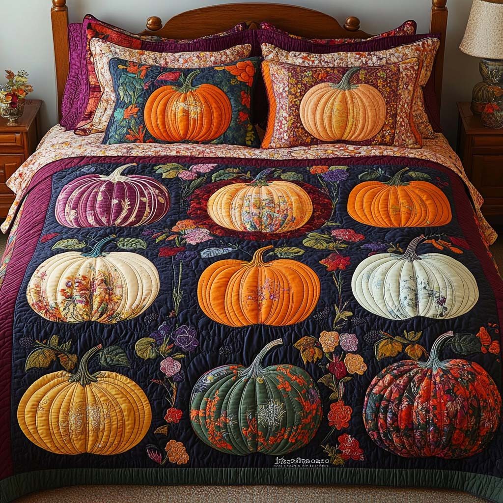 Autumn Pumpkins quilted 3-piece bedding set on a made bed against a dark styled interior