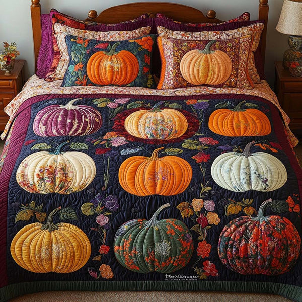 Autumn Pumpkins quilted 3-piece bedding set on a made bed against a dark styled interior