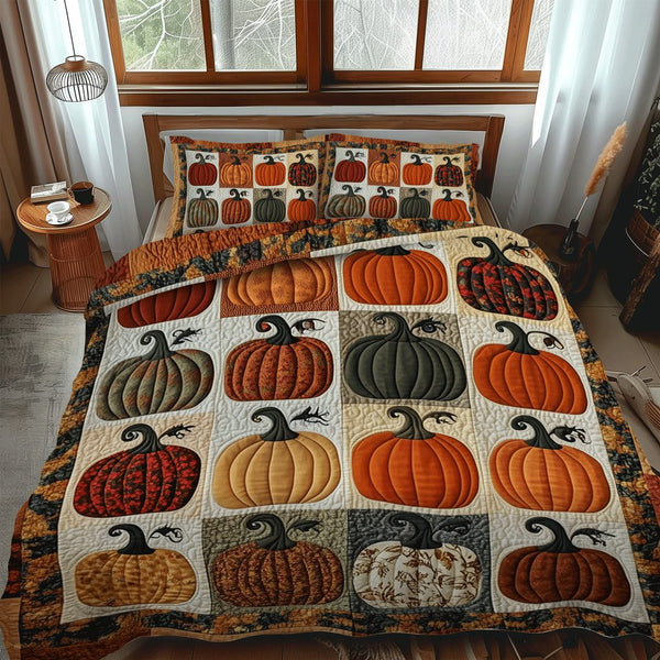 Autumn Pumpkins quilted 3-piece bedding set on a made bed against a dark styled interior