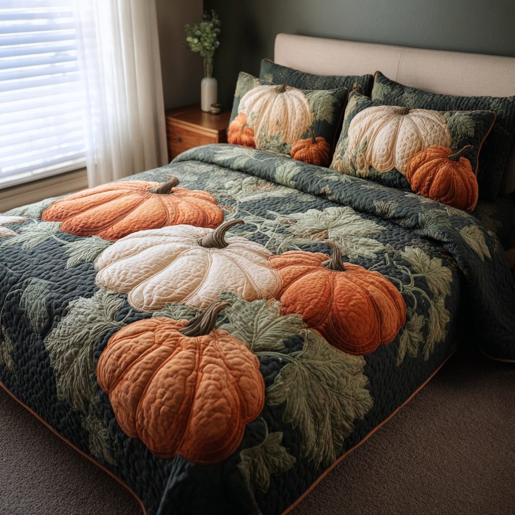 Autumn Pumpkins quilted 3-piece bedding set on a made bed against a dark styled interior