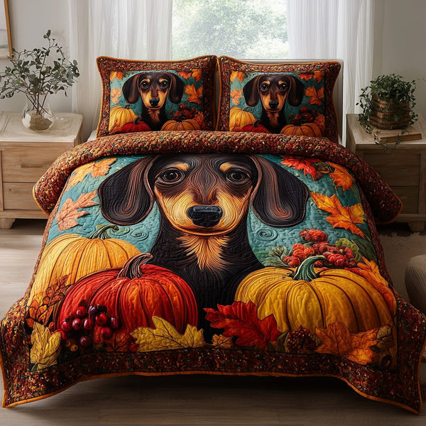 Autumn Pup Haven quilted 3-piece bedding set on a made bed with two matching pillow shams