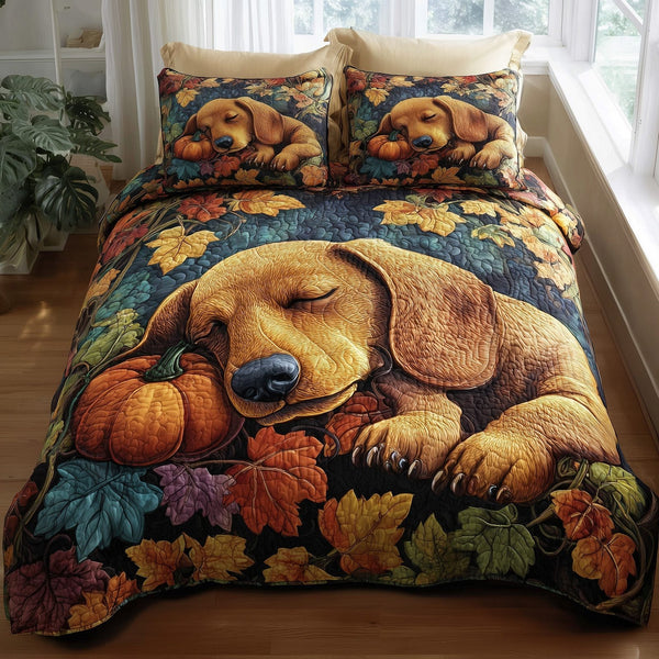 Autumn Pup Haven quilted 3-piece bedding set on a made bed with two matching pillow shams