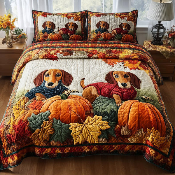 Autumn Pup Haven quilted 3-piece bedding set on a made bed with two matching pillow shams