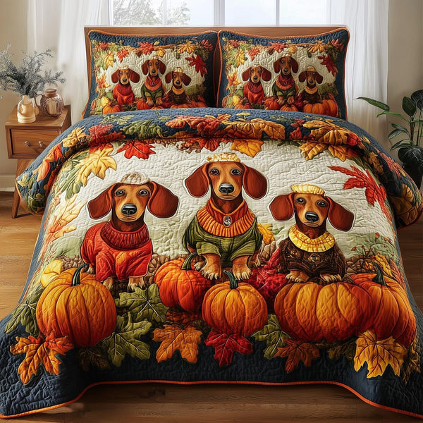 Autumn Pup Haven quilted 3-piece bedding set on a made bed with two matching pillow shams