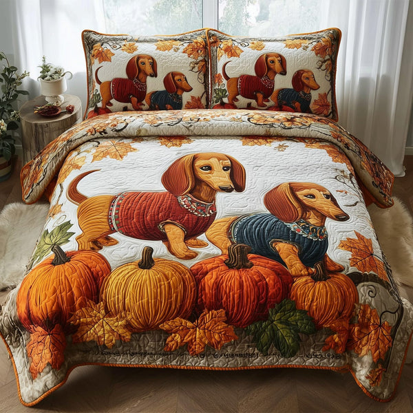 Autumn Pup Haven quilted 3-piece bedding set on a made bed with two matching pillow shams