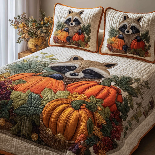 Autumn Racoon quilted 3-piece bedding set on a made bed with two matching pillow shams