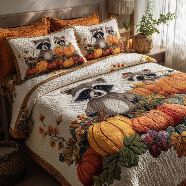 Autumn Racoon quilted 3-piece bedding set on a made bed with two matching pillow shams