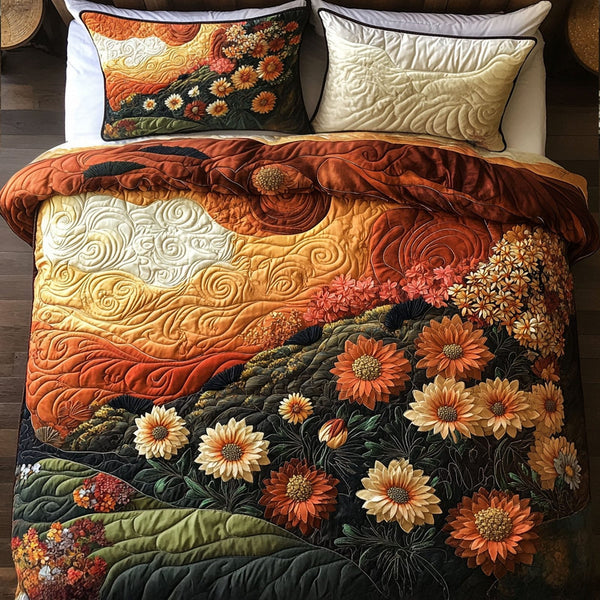 Autumn Radiance quilted 3-piece bedding set on a made bed with two matching pillow shams