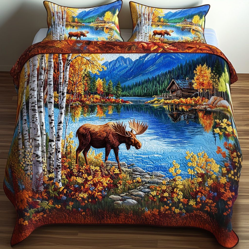 Autumn Refuge quilted 3-piece bedding set on a made bed with two matching pillow shams