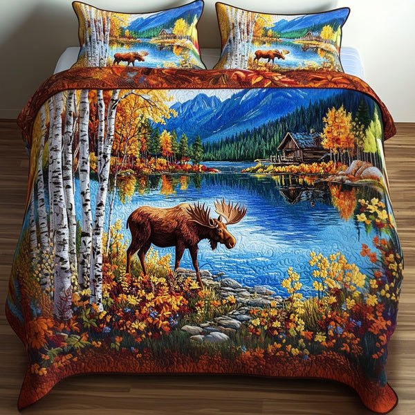 Autumn Refuge quilted 3-piece bedding set on a made bed with two matching pillow shams