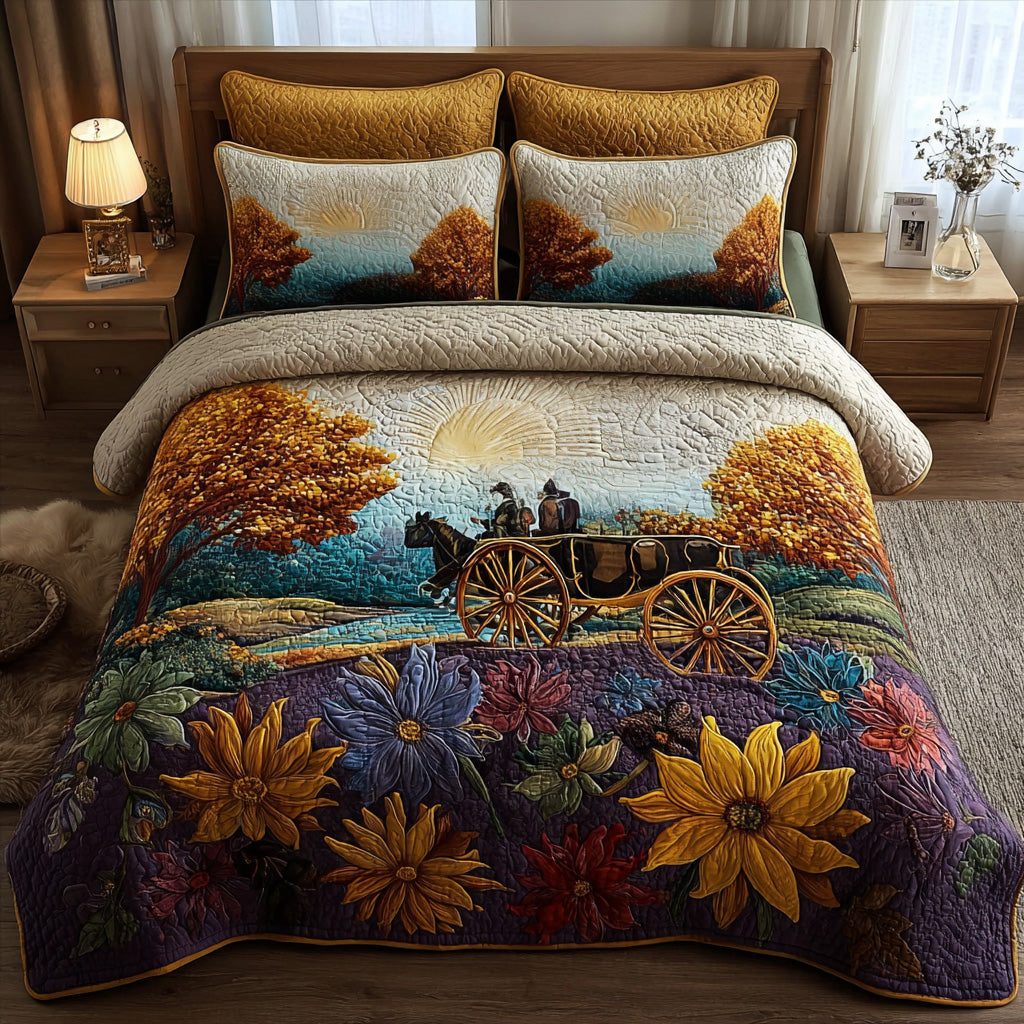 Autumn Road quilted 3-piece bedding set on a made bed with two matching pillow shams